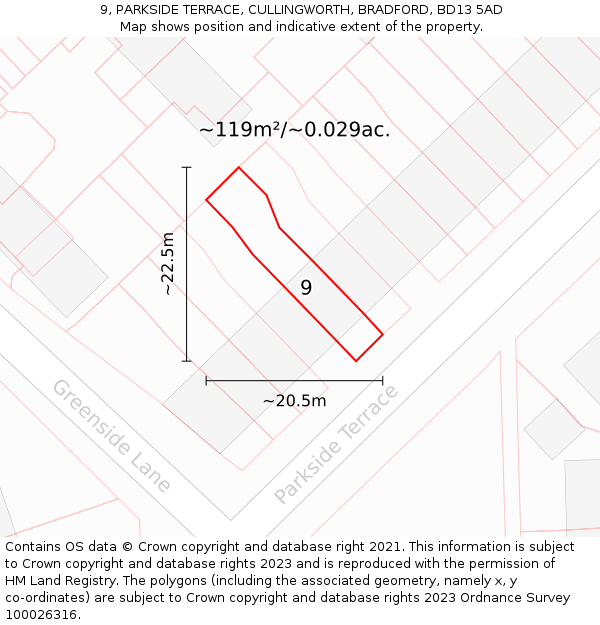 9, PARKSIDE TERRACE, CULLINGWORTH, BRADFORD, BD13 5AD: Plot and title map