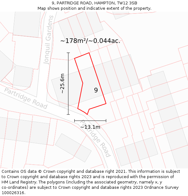 9, PARTRIDGE ROAD, HAMPTON, TW12 3SB: Plot and title map