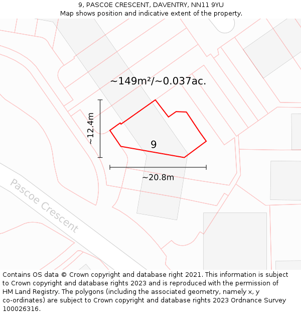 9, PASCOE CRESCENT, DAVENTRY, NN11 9YU: Plot and title map