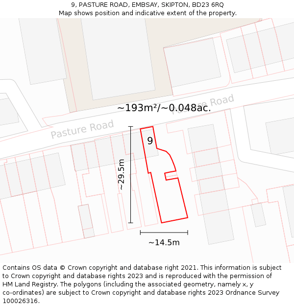 9, PASTURE ROAD, EMBSAY, SKIPTON, BD23 6RQ: Plot and title map