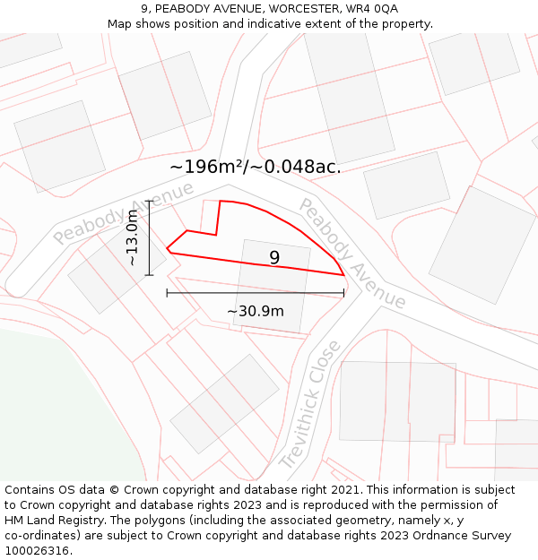 9, PEABODY AVENUE, WORCESTER, WR4 0QA: Plot and title map