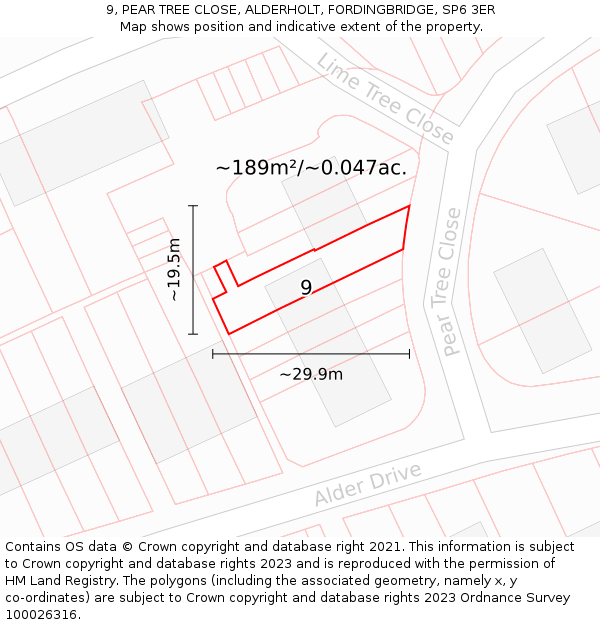 9, PEAR TREE CLOSE, ALDERHOLT, FORDINGBRIDGE, SP6 3ER: Plot and title map