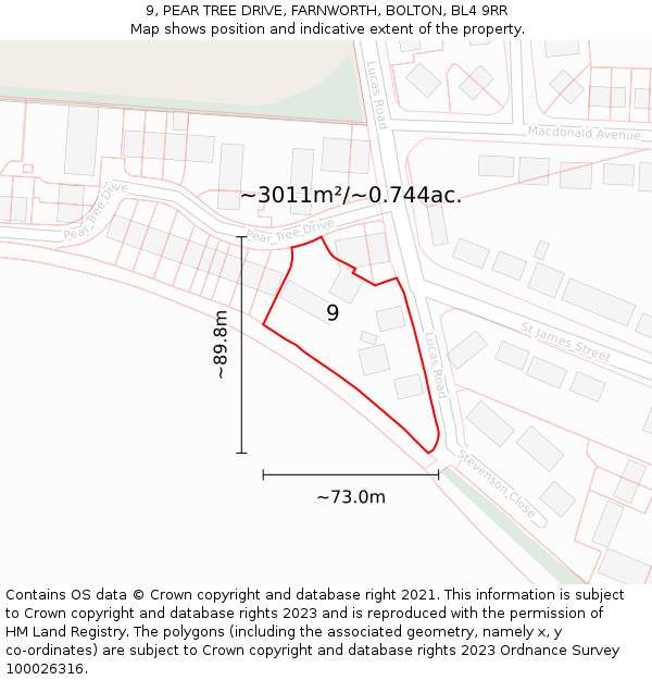 9, PEAR TREE DRIVE, FARNWORTH, BOLTON, BL4 9RR: Plot and title map