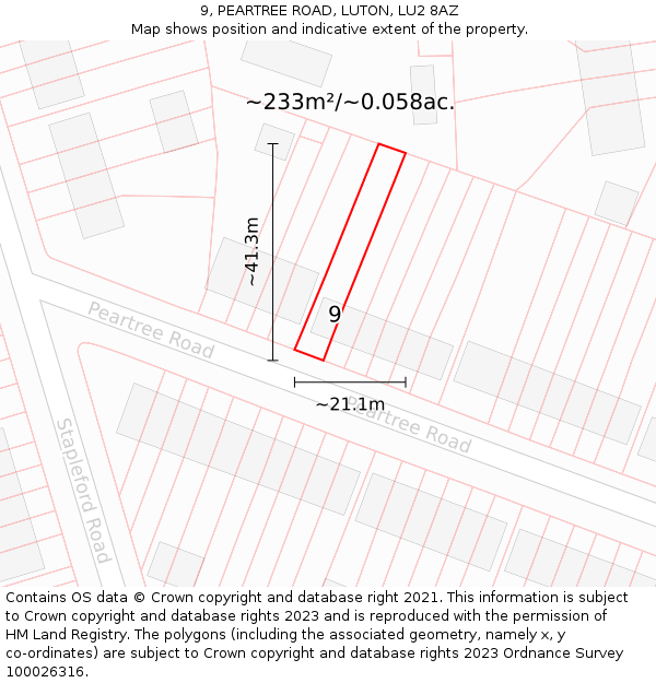 9, PEARTREE ROAD, LUTON, LU2 8AZ: Plot and title map