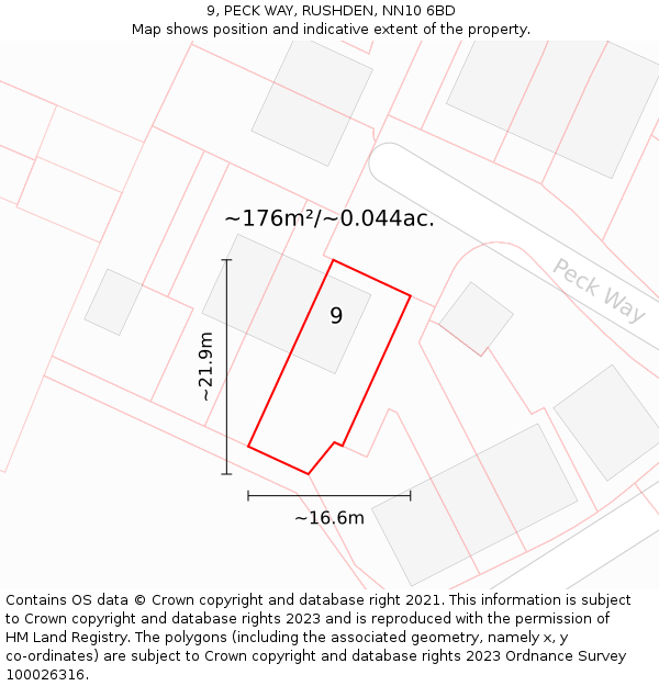 9, PECK WAY, RUSHDEN, NN10 6BD: Plot and title map
