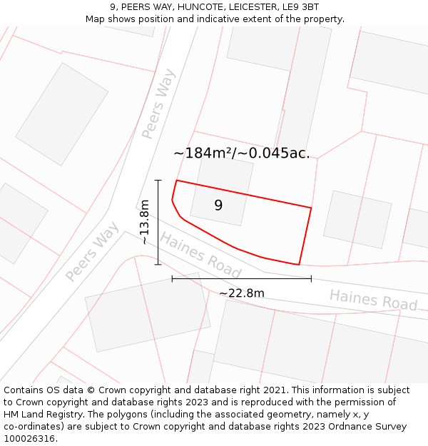 9, PEERS WAY, HUNCOTE, LEICESTER, LE9 3BT: Plot and title map