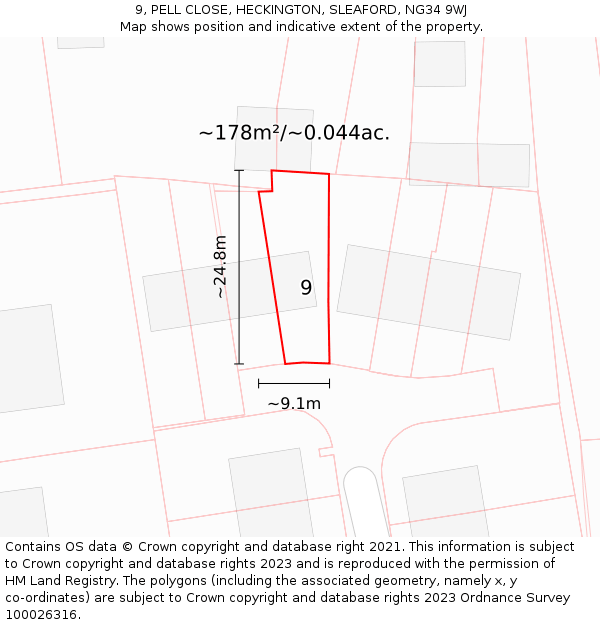 9, PELL CLOSE, HECKINGTON, SLEAFORD, NG34 9WJ: Plot and title map