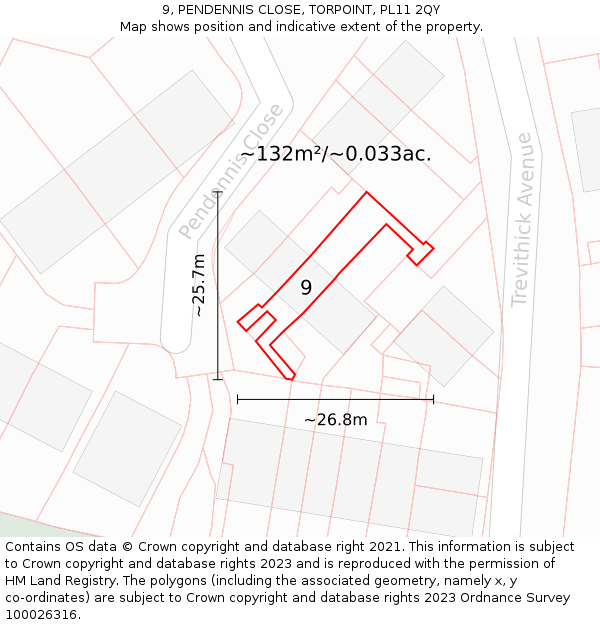 9, PENDENNIS CLOSE, TORPOINT, PL11 2QY: Plot and title map