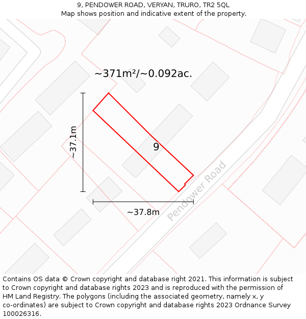 9, PENDOWER ROAD, VERYAN, TRURO, TR2 5QL: Plot and title map