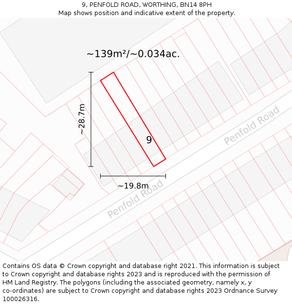 9, PENFOLD ROAD, WORTHING, BN14 8PH: Plot and title map