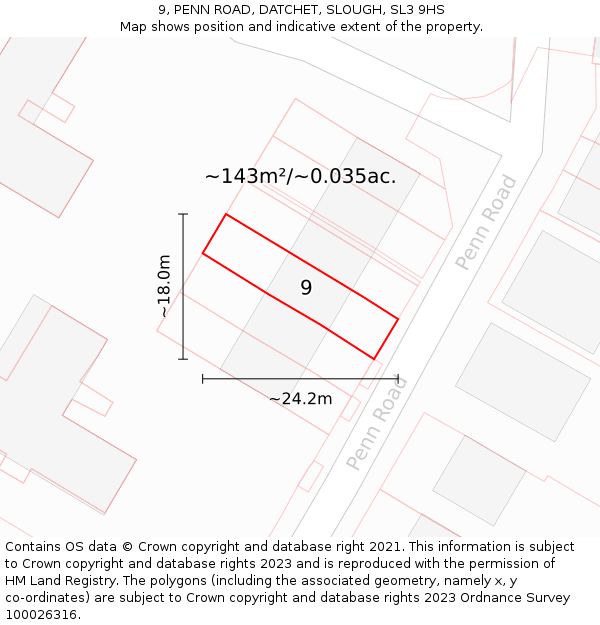 9, PENN ROAD, DATCHET, SLOUGH, SL3 9HS: Plot and title map
