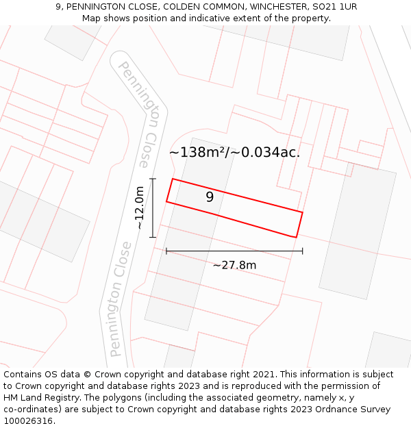 9, PENNINGTON CLOSE, COLDEN COMMON, WINCHESTER, SO21 1UR: Plot and title map