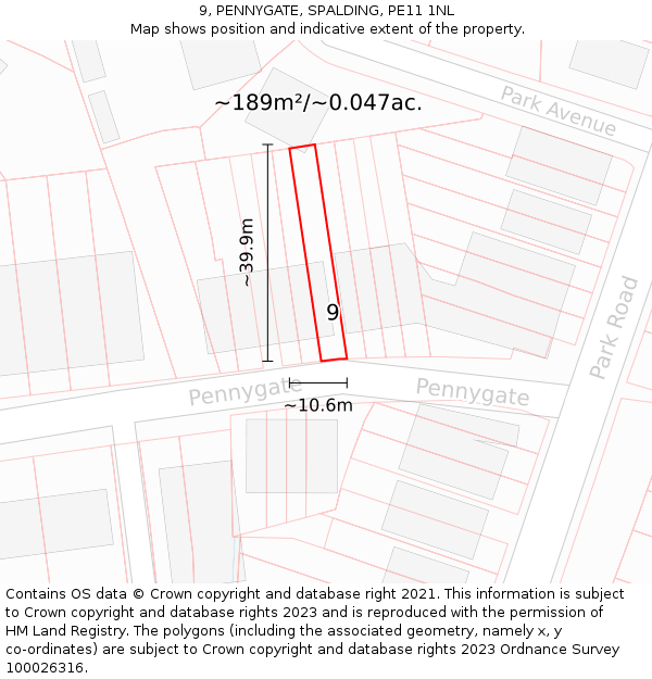 9, PENNYGATE, SPALDING, PE11 1NL: Plot and title map