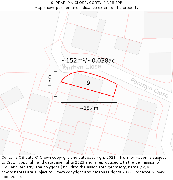 9, PENRHYN CLOSE, CORBY, NN18 8PR: Plot and title map