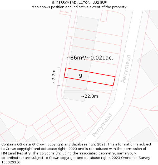 9, PERRYMEAD, LUTON, LU2 8UF: Plot and title map