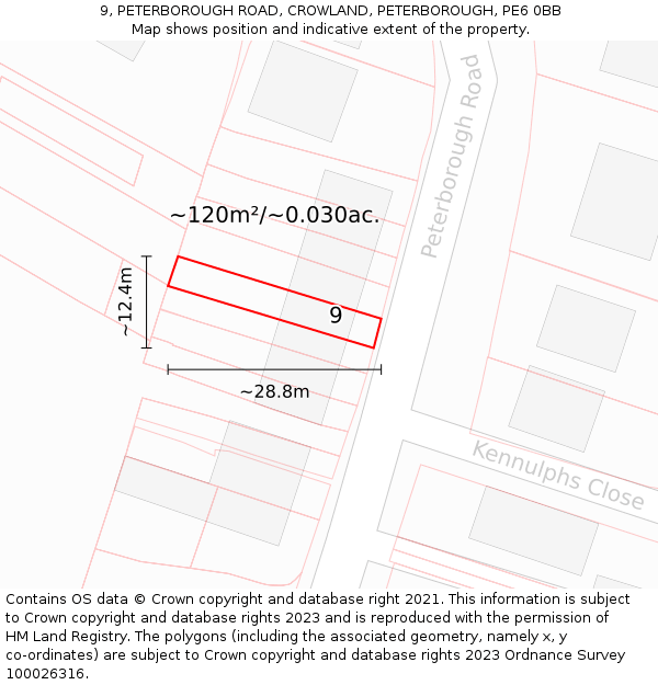 9, PETERBOROUGH ROAD, CROWLAND, PETERBOROUGH, PE6 0BB: Plot and title map