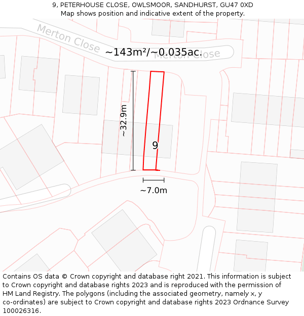 9, PETERHOUSE CLOSE, OWLSMOOR, SANDHURST, GU47 0XD: Plot and title map