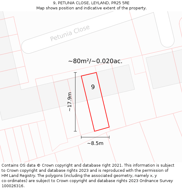 9, PETUNIA CLOSE, LEYLAND, PR25 5RE: Plot and title map