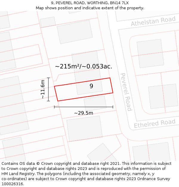 9, PEVEREL ROAD, WORTHING, BN14 7LX: Plot and title map