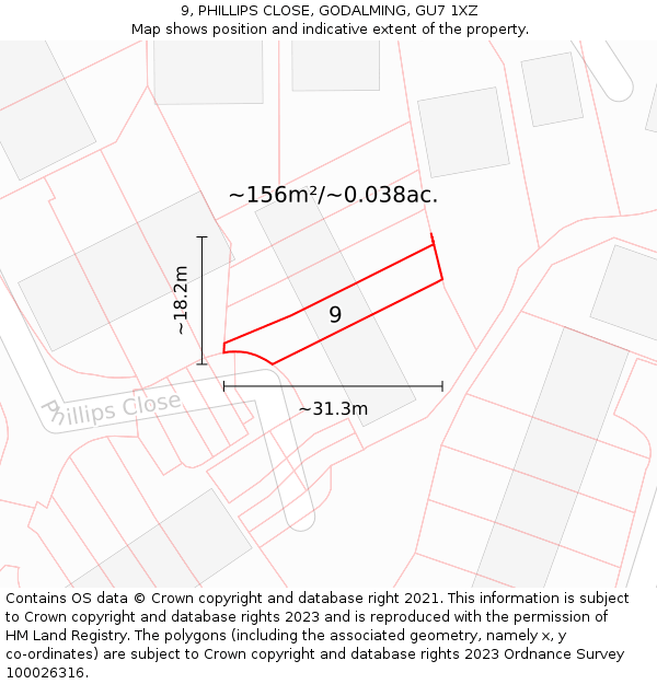 9, PHILLIPS CLOSE, GODALMING, GU7 1XZ: Plot and title map