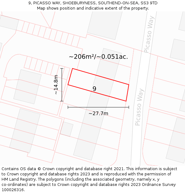 9, PICASSO WAY, SHOEBURYNESS, SOUTHEND-ON-SEA, SS3 9TD: Plot and title map