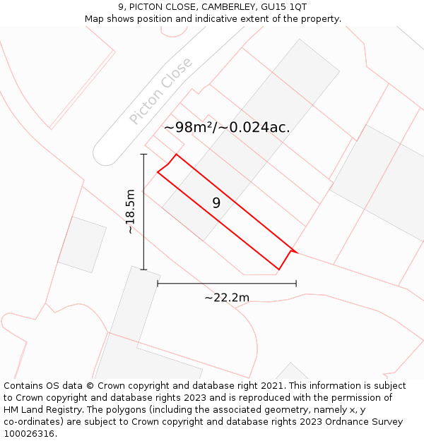 9, PICTON CLOSE, CAMBERLEY, GU15 1QT: Plot and title map