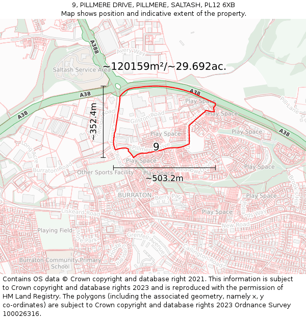 9, PILLMERE DRIVE, PILLMERE, SALTASH, PL12 6XB: Plot and title map