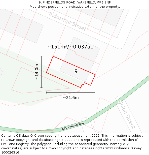 9, PINDERFIELDS ROAD, WAKEFIELD, WF1 3NF: Plot and title map