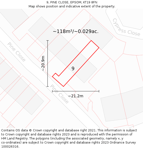 9, PINE CLOSE, EPSOM, KT19 8FN: Plot and title map