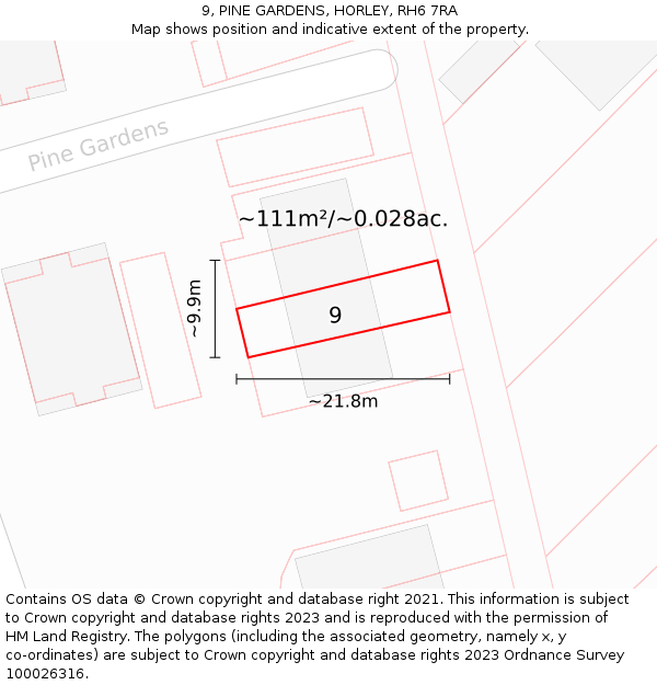 9, PINE GARDENS, HORLEY, RH6 7RA: Plot and title map