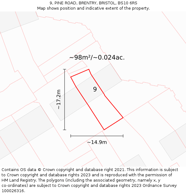 9, PINE ROAD, BRENTRY, BRISTOL, BS10 6RS: Plot and title map