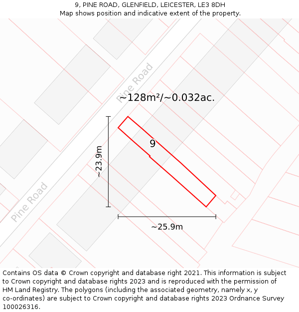 9, PINE ROAD, GLENFIELD, LEICESTER, LE3 8DH: Plot and title map