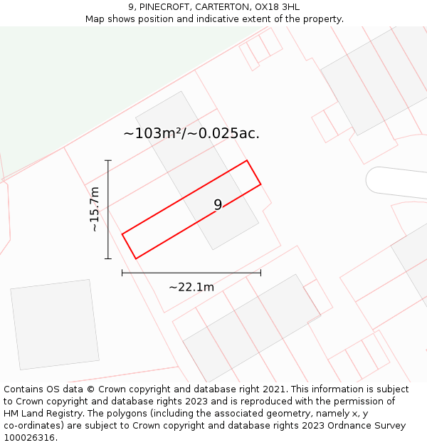 9, PINECROFT, CARTERTON, OX18 3HL: Plot and title map