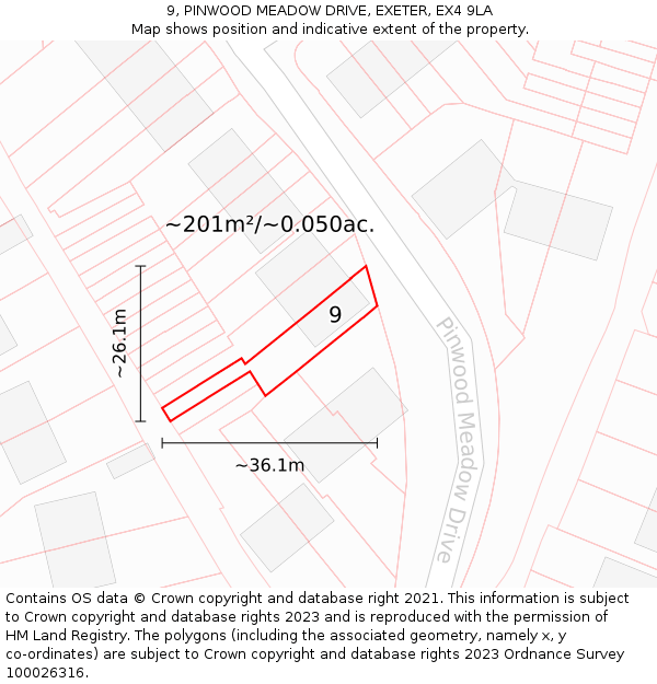 9, PINWOOD MEADOW DRIVE, EXETER, EX4 9LA: Plot and title map