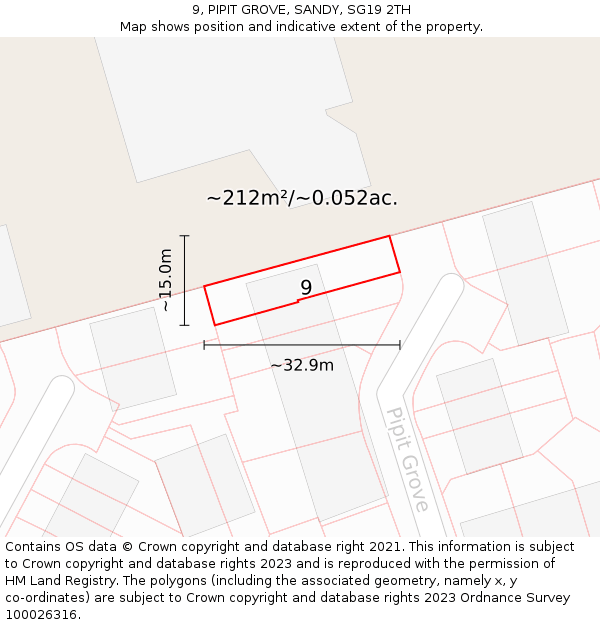 9, PIPIT GROVE, SANDY, SG19 2TH: Plot and title map
