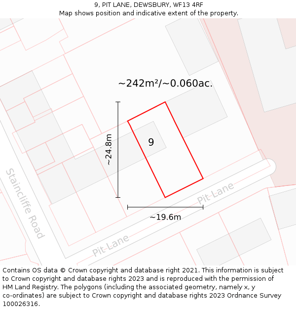 9, PIT LANE, DEWSBURY, WF13 4RF: Plot and title map