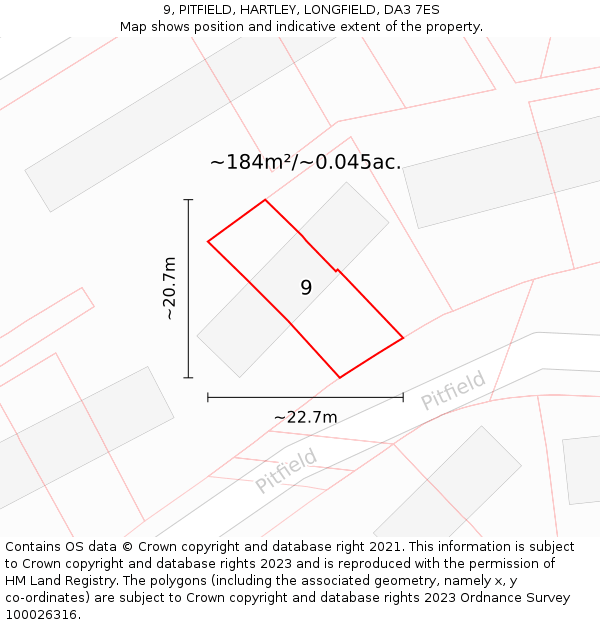 9, PITFIELD, HARTLEY, LONGFIELD, DA3 7ES: Plot and title map