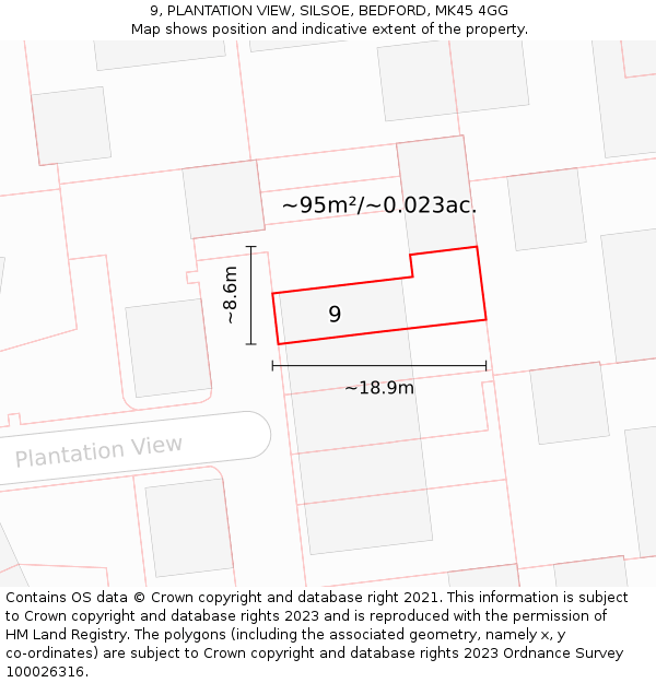 9, PLANTATION VIEW, SILSOE, BEDFORD, MK45 4GG: Plot and title map