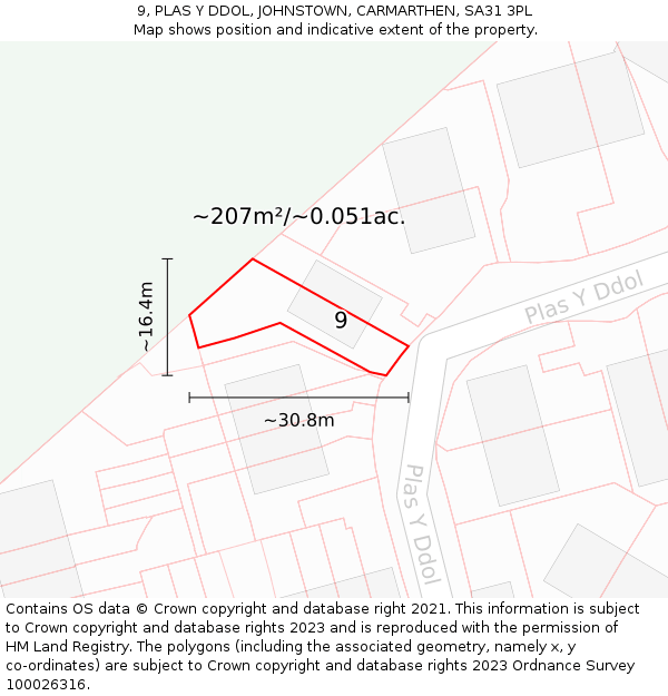 9, PLAS Y DDOL, JOHNSTOWN, CARMARTHEN, SA31 3PL: Plot and title map