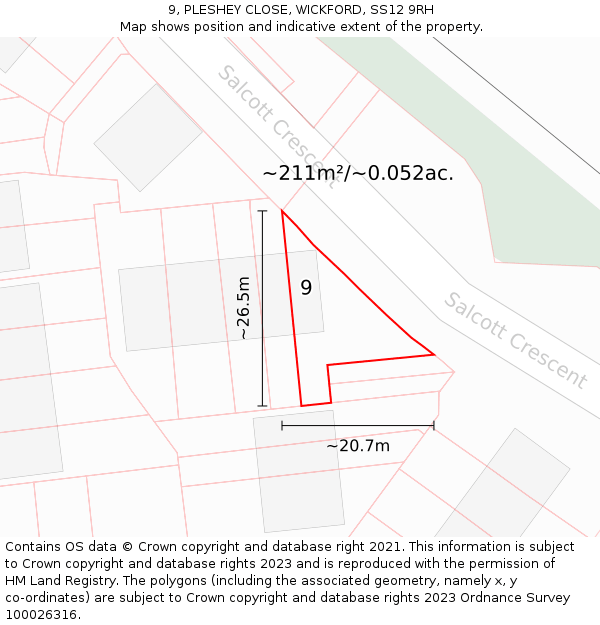 9, PLESHEY CLOSE, WICKFORD, SS12 9RH: Plot and title map