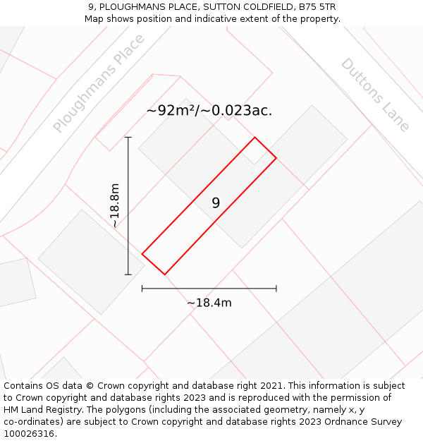9, PLOUGHMANS PLACE, SUTTON COLDFIELD, B75 5TR: Plot and title map