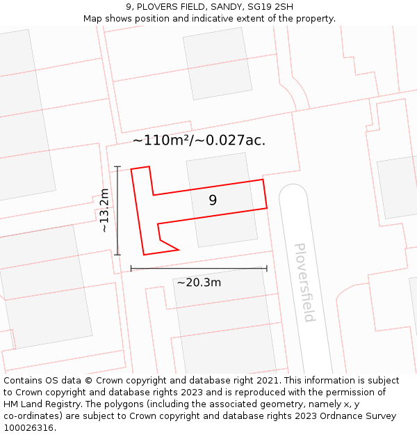 9, PLOVERS FIELD, SANDY, SG19 2SH: Plot and title map