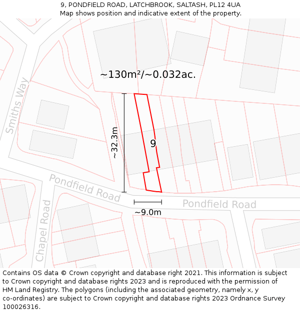 9, PONDFIELD ROAD, LATCHBROOK, SALTASH, PL12 4UA: Plot and title map