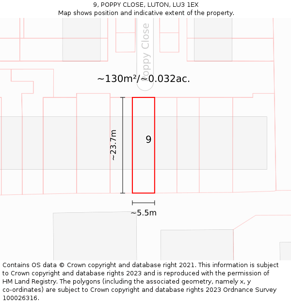 9, POPPY CLOSE, LUTON, LU3 1EX: Plot and title map