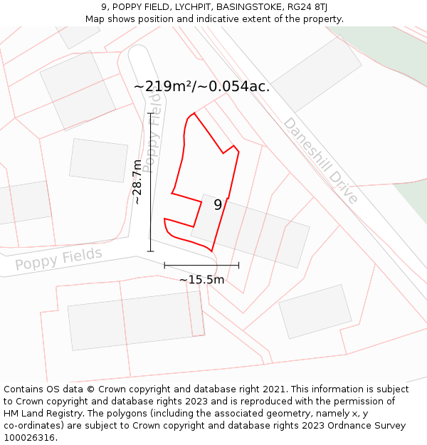 9, POPPY FIELD, LYCHPIT, BASINGSTOKE, RG24 8TJ: Plot and title map