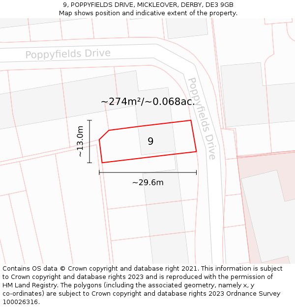 9, POPPYFIELDS DRIVE, MICKLEOVER, DERBY, DE3 9GB: Plot and title map
