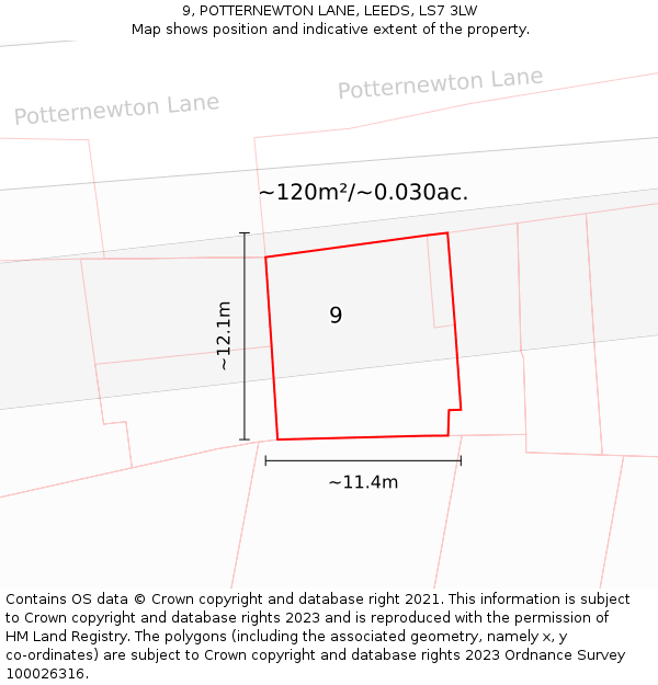 9, POTTERNEWTON LANE, LEEDS, LS7 3LW: Plot and title map