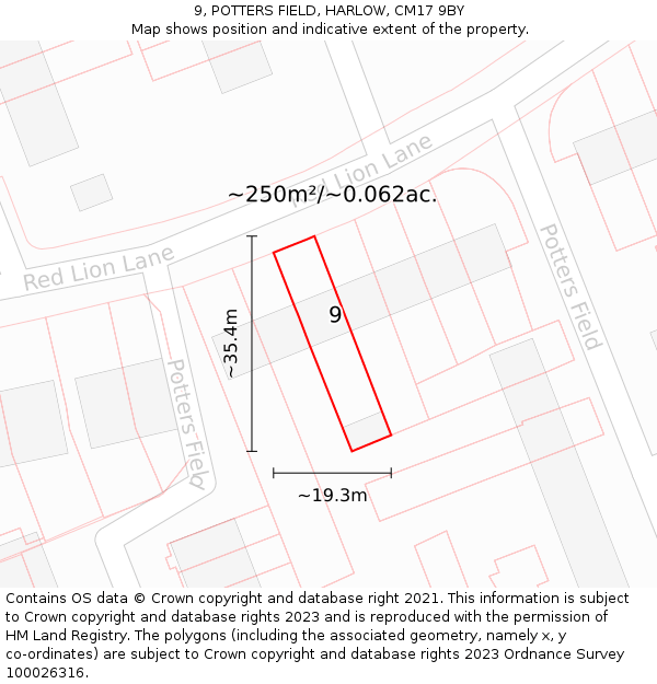 9, POTTERS FIELD, HARLOW, CM17 9BY: Plot and title map