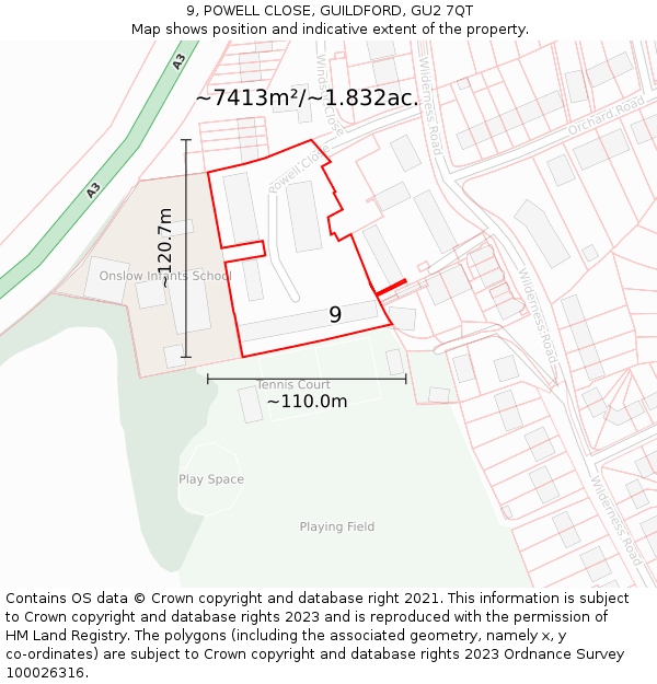 9, POWELL CLOSE, GUILDFORD, GU2 7QT: Plot and title map