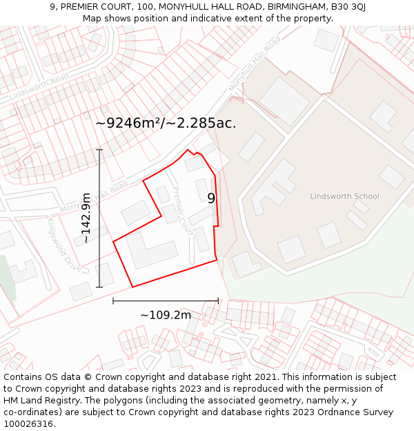9, PREMIER COURT, 100, MONYHULL HALL ROAD, BIRMINGHAM, B30 3QJ: Plot and title map